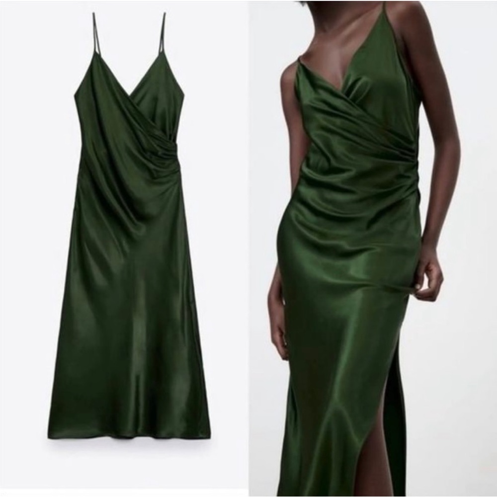 Emerald green satin sleeveless midi dress with slit - Zara